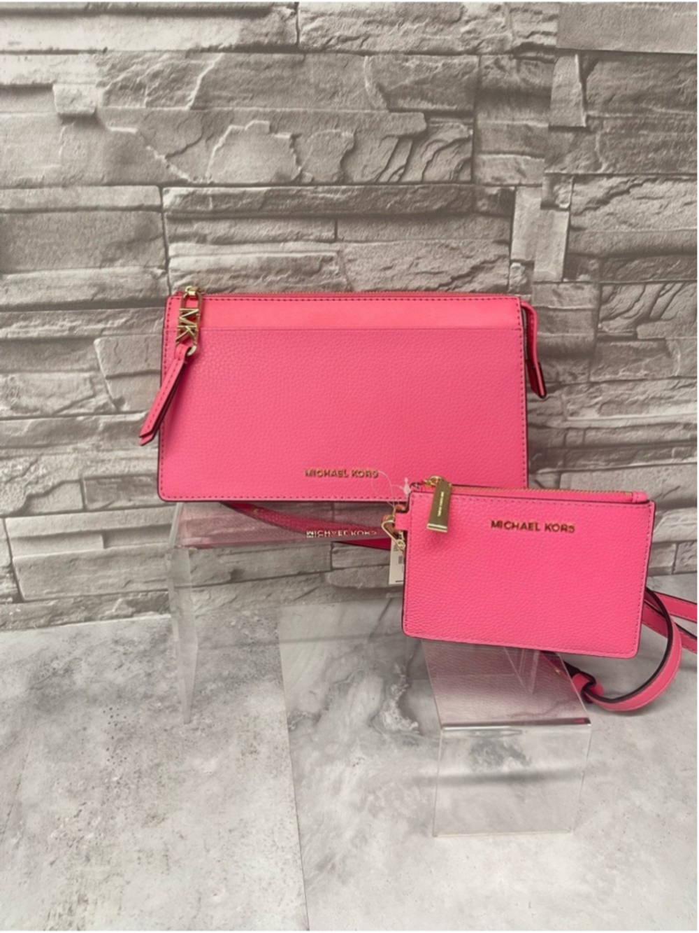 Michael Kors Pebble Leather Pouchette & Matching Wallet Camila Rose Pink